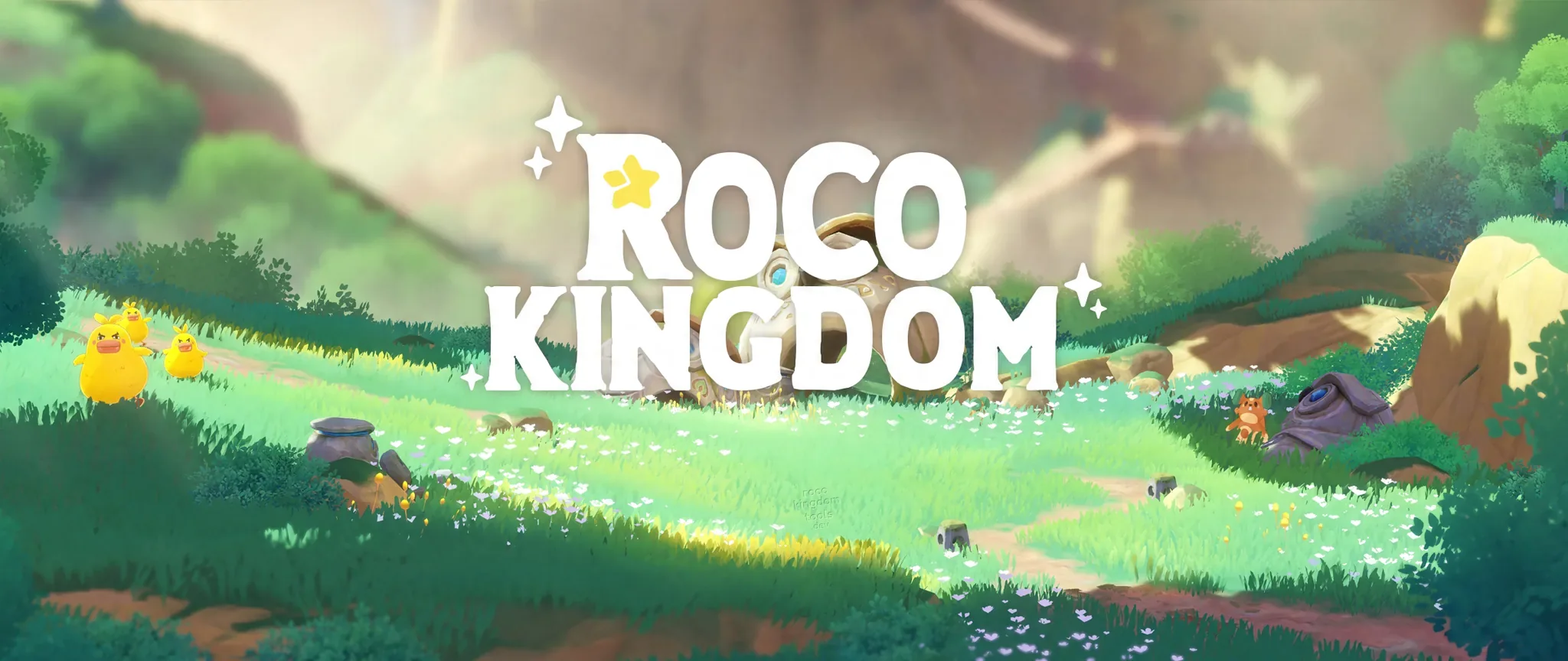 The Roco Kingdom title screen: its logo over a sunny meadow