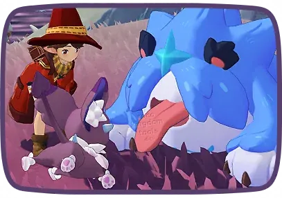 A young Roco in a witch's hat beside a large blue Jini